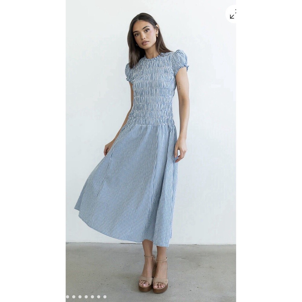 Böhme Opal Gingham Maxi Dress in Blue Medium Cottagecore Prairie Party Picnic